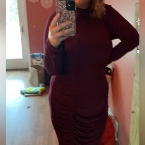 Burgundy Long Sleeve Midi Ruched Dress